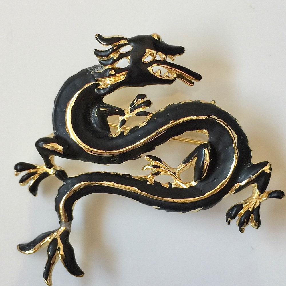 Vintage Black Gold Tone Dragon Brooch